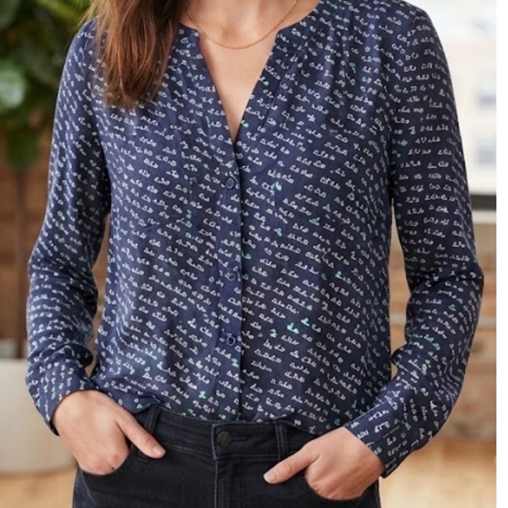 Anthropologie Maeve Clara Button Down Blouse Navy Blue Bird Print Split Back 12